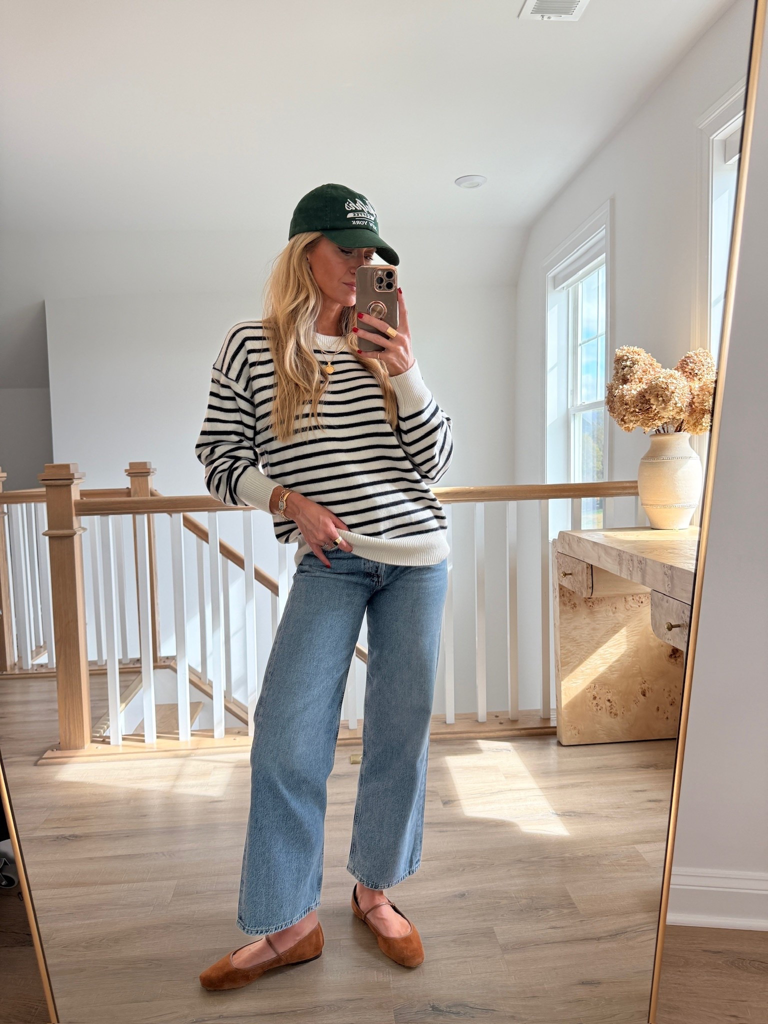 Casual fall outfit. Striped sweater + jeans + green hat + trench coat. 
Sweater: wearing size small 
Jeans: run TTS
Flats: so comfortable. Run TTS. 

#LTKSeasonal #LTKHoliday #LTKStyleTip