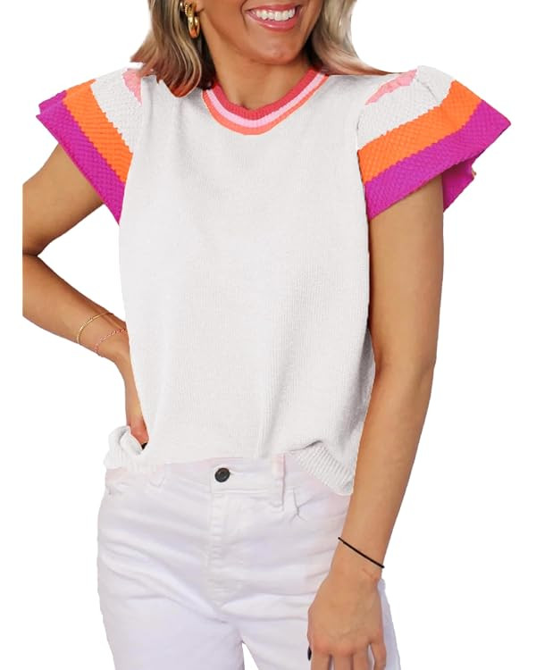 SHEWIN Womens Color Block Tops Casual Crewneck Short Sleeve Pullover Sweater Knit Lightweight Bea... | Amazon (US)
