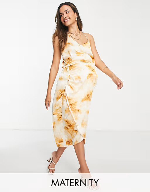 Missguided Maternity asymmetric satin midi dress in cream tie dyewindow.asos.performance.markAndM... | ASOS (Global)
