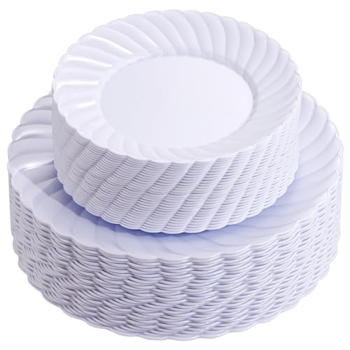 U-QE 100 Pieces White Plastic Plates - Premium White Disposable Plates for Wedding and Party Use Including 50PCS 9 '' Dinner Plate & 50PCS 6.5 '' Dessert Plate | Amazon (US)