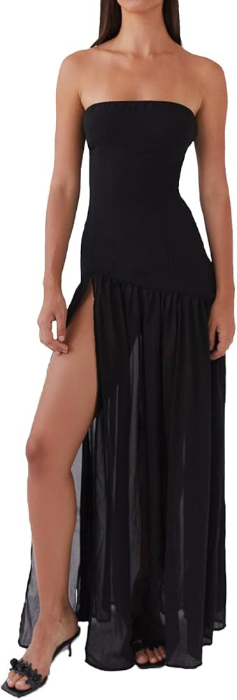 Women Tube Top Dress Tiger Stripe Mesh Patchwork Maxi Dress Strapless Sexy High Slit Long Dresses... | Amazon (US)