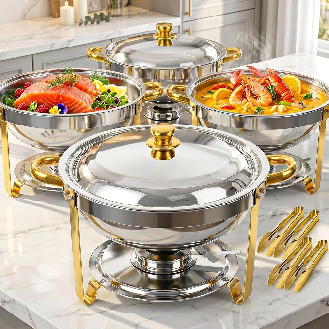 POWERFUEL Chafing Dishes for Buffet, 4 Pack 6QT Round Stainless Steel Chafers Sets with 4 Serving... | Amazon (US)
