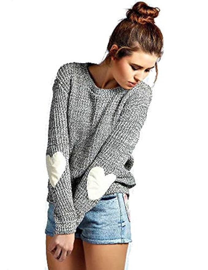 shermie Women's cute Heart Pattern Patchwork Long Sleeve Round Neck Knits Sweater Pullover | Amazon (US)