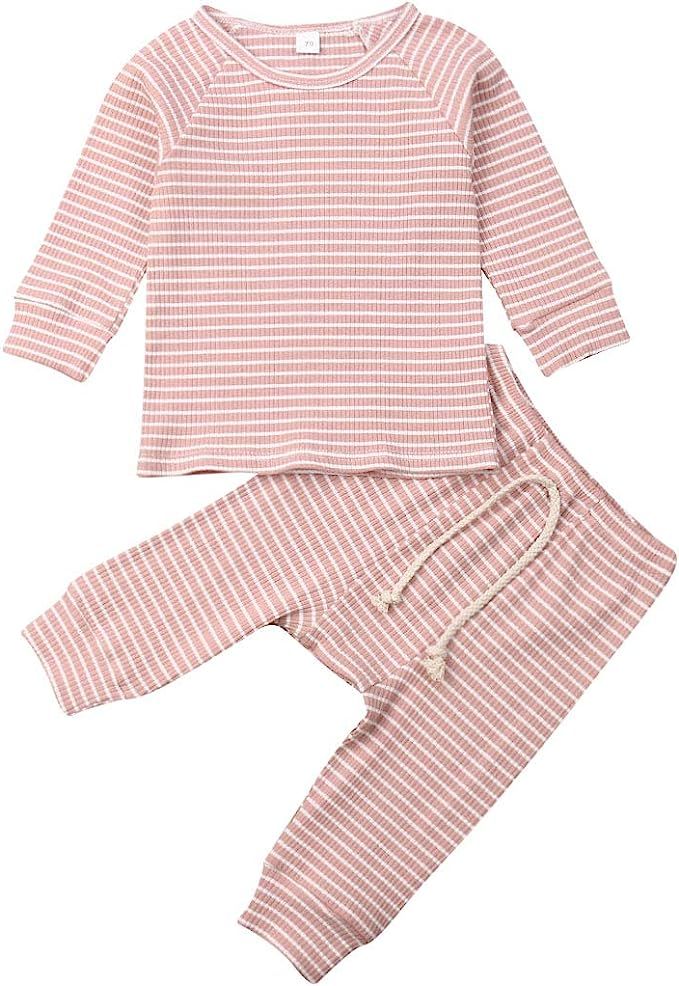 Newborn Baby Striped Outfits Set Boys Girls Long Sleeve Round Neck Sweatshirt Top Pants | Amazon (US)