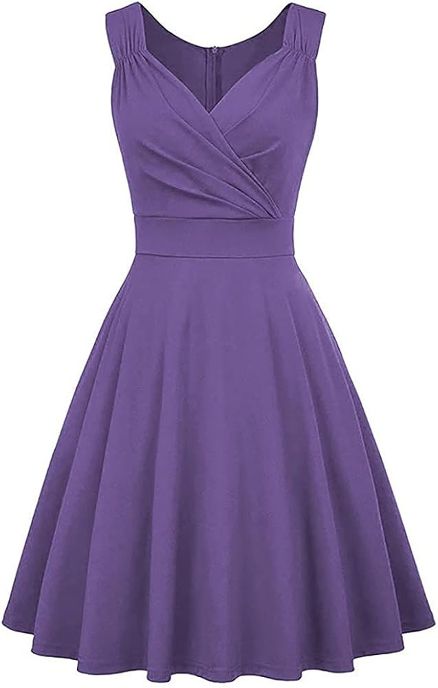 Women 50s 60s Vintage Sleeveless V-Neck Cocktail Swing Dress 1950s Wedding Semi Formal Party Rock... | Amazon (US)