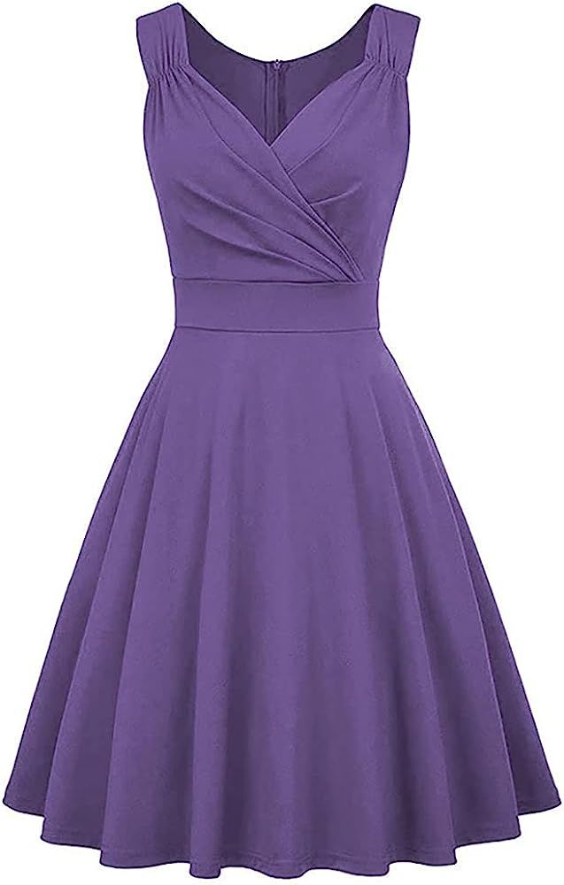 Women 50s 60s Vintage Sleeveless V-Neck Cocktail Swing Dress 1950s Wedding Semi Formal Party Rock... | Amazon (US)