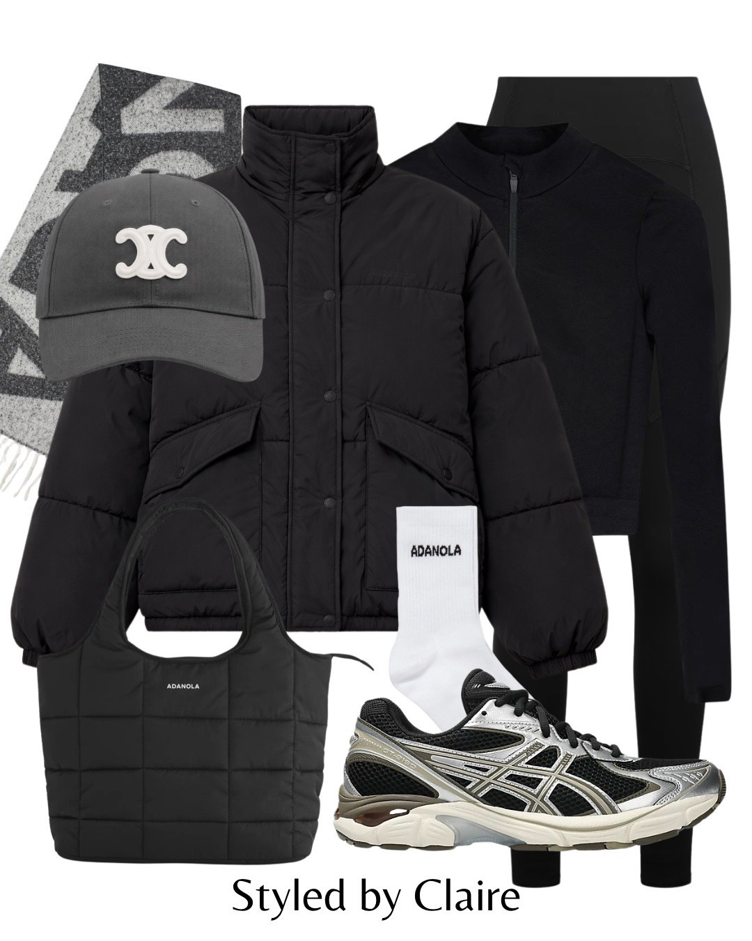 ALL BLACK ACTIVEWEAR🖤
Tags: adanola puffer jacket funnel neck zip up nylon athleisure sport workout gym fitness set leggings represent women asics GT-2160 trainers metallic tote bag scarf wool grey Celine cap 

#LTKfitness #LTKstyletip #LTKshoes