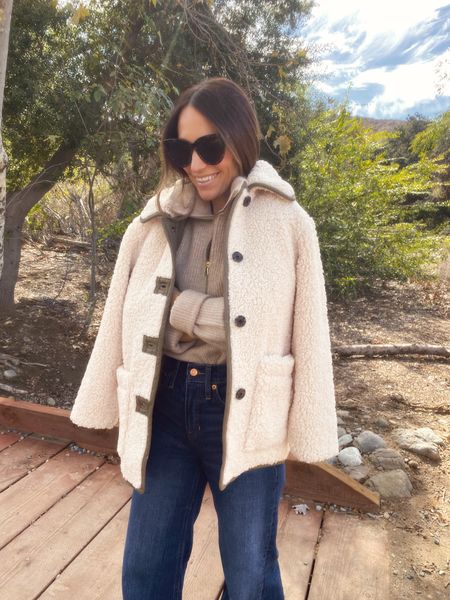 Cozy fall outfit and thanksgiving outfit idea- 40% off with code FAMILY (must have an account) 
Sherpa jacket (wearing a petite size, has an oversized fit) 
Sweater runs tts 


#LTKSeasonal #LTKsalealert #LTKstyletip
