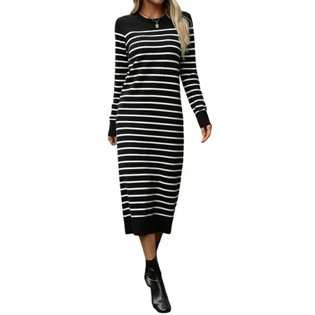 Shuttle tree Womens Striped Knit Dress Fitted Round Neck Long Sleeve Midi Dress | Walmart (US)