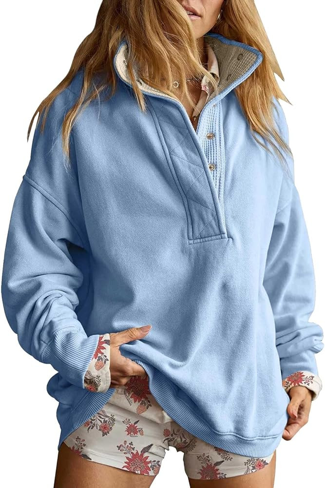 Oversized Sweatshirt for Women Casual Long Sleeve Henley Neck Pullover Tops Quarter Button Loose ... | Amazon (US)