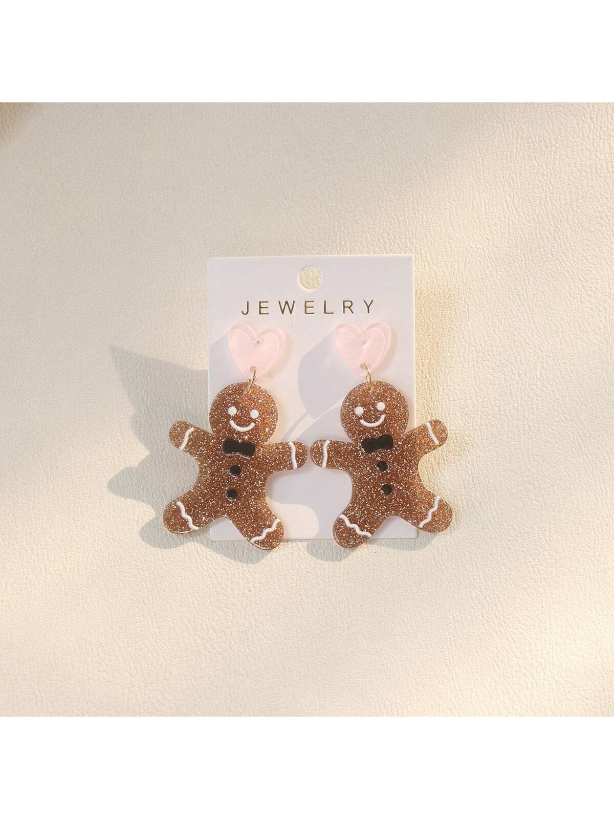 1 Pair Cute Brown Glitter Cartoon Gingerbread Man Doodle Acrylic Dangle Earrings For Women, Colle... | SHEIN