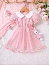 Toddler Girls Gingham Print Peter Pan Collar Puff Sleeve Contrast Mesh Dress | SHEIN