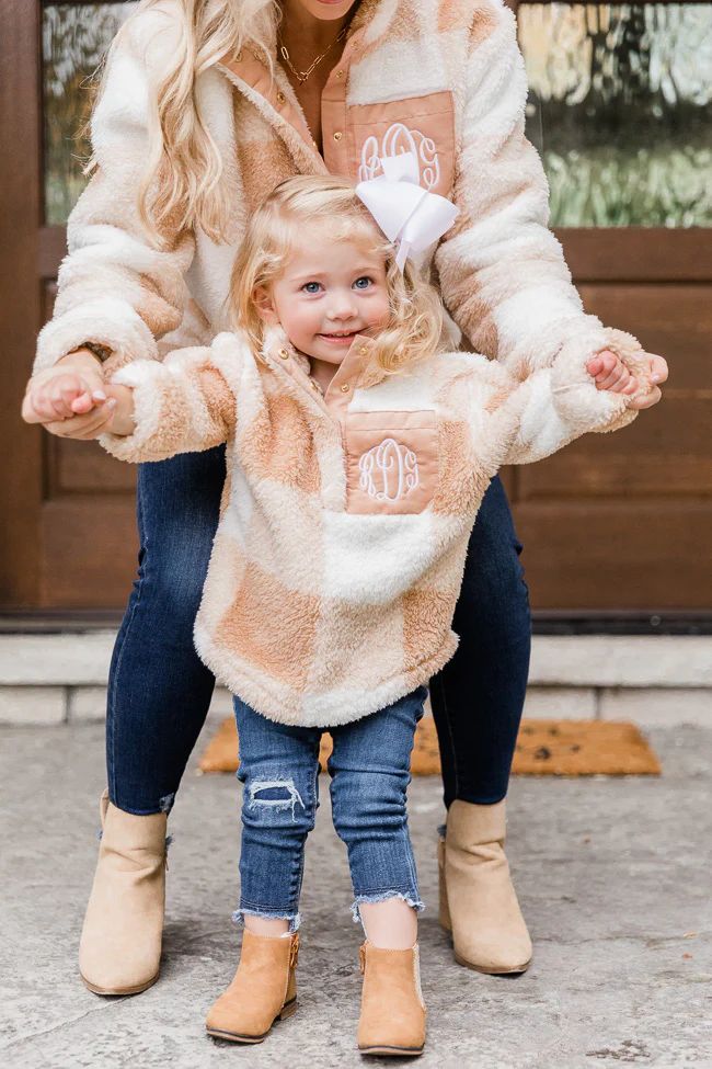 Kids All Snowed In Monogram Tan Plaid Pullover | The Pink Lily Boutique