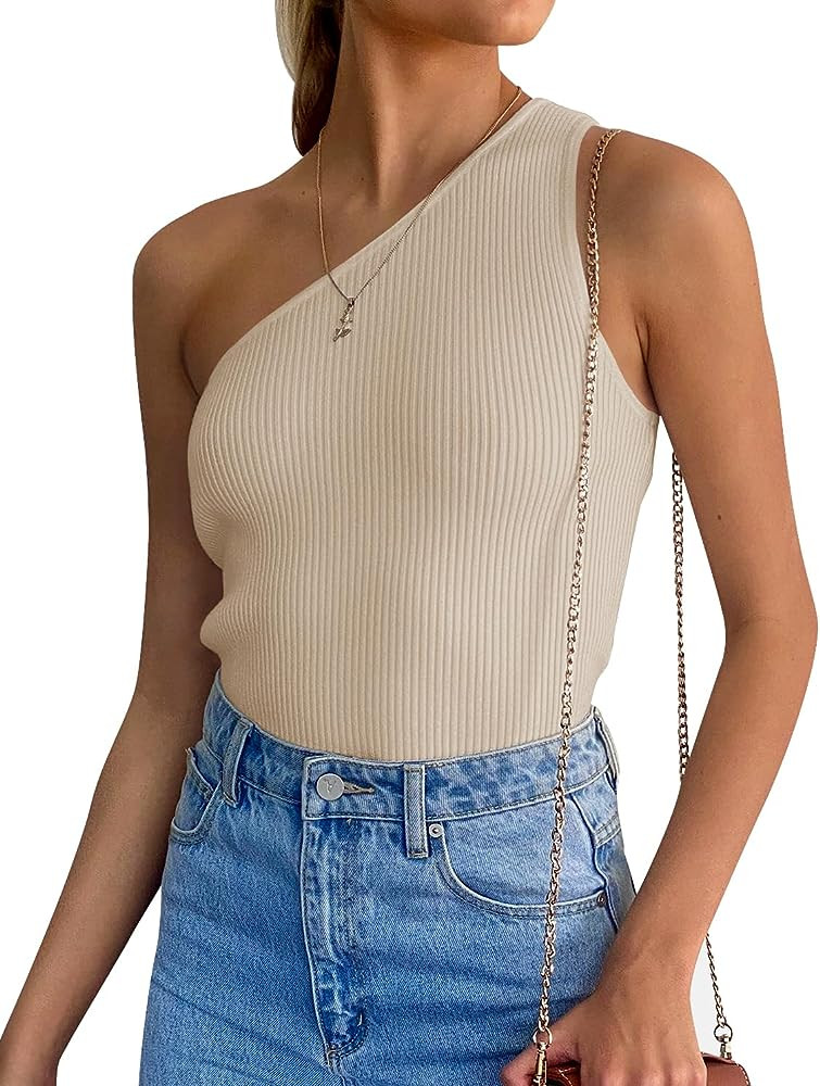 ZESICA Women's One Shoulder Tank Summer Sleeveless T Shirt Ribbed Knit Slim Fit Sexy Casual Basic... | Amazon (US)
