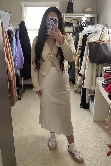 Casual day outfit, rosette cardigan, tan neutral cardigan sweater, satin midi skirt, cream midi skirt, adidas samba red and white sneakers, midsize outfit, postpartum outfitt

#LTKshoecrush #LTKmidsize #LTKSeasonal