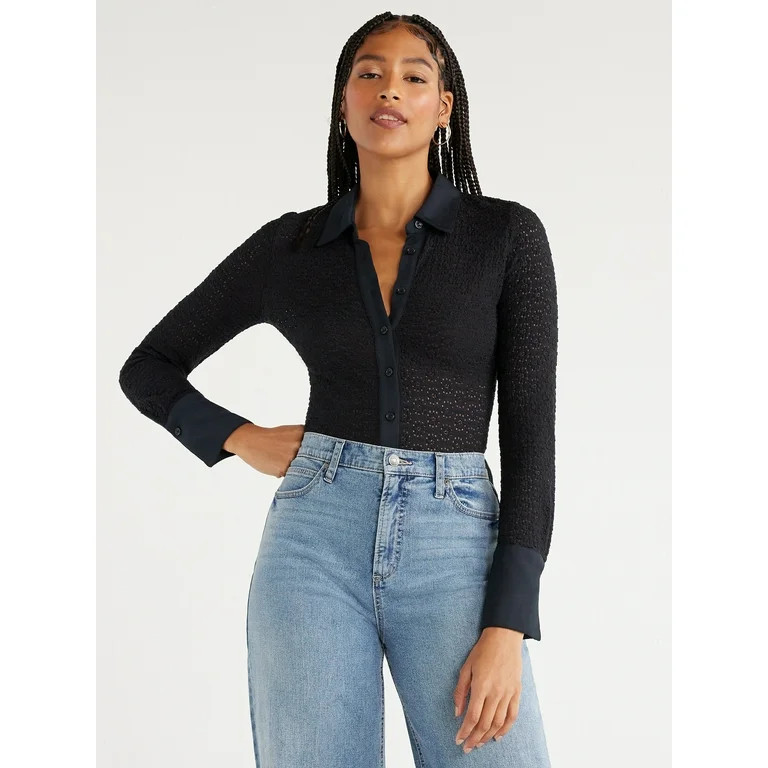 Scoop Women's Lace Button Up Bodysuit with Long Sleeves, Sizes XS-XXL | Walmart (US)