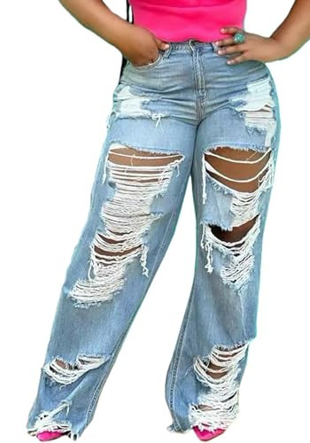SHINFY Women's Ripped Jeans Distressed Cutout High Waisted Baggy Straight Wide Leg Y2K Denim Pants Light Blue | Amazon (US)