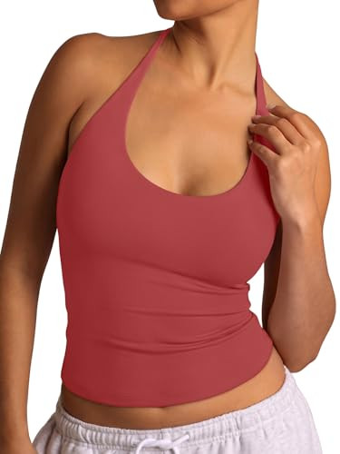 REORIA Women's Halter Tank Tops Basic Tie Scoop Neck Backless Double Lined Going Out Outfits Cute Summer Trendy Sleeveless Shirts Baked Apple Red | Amazon (US)