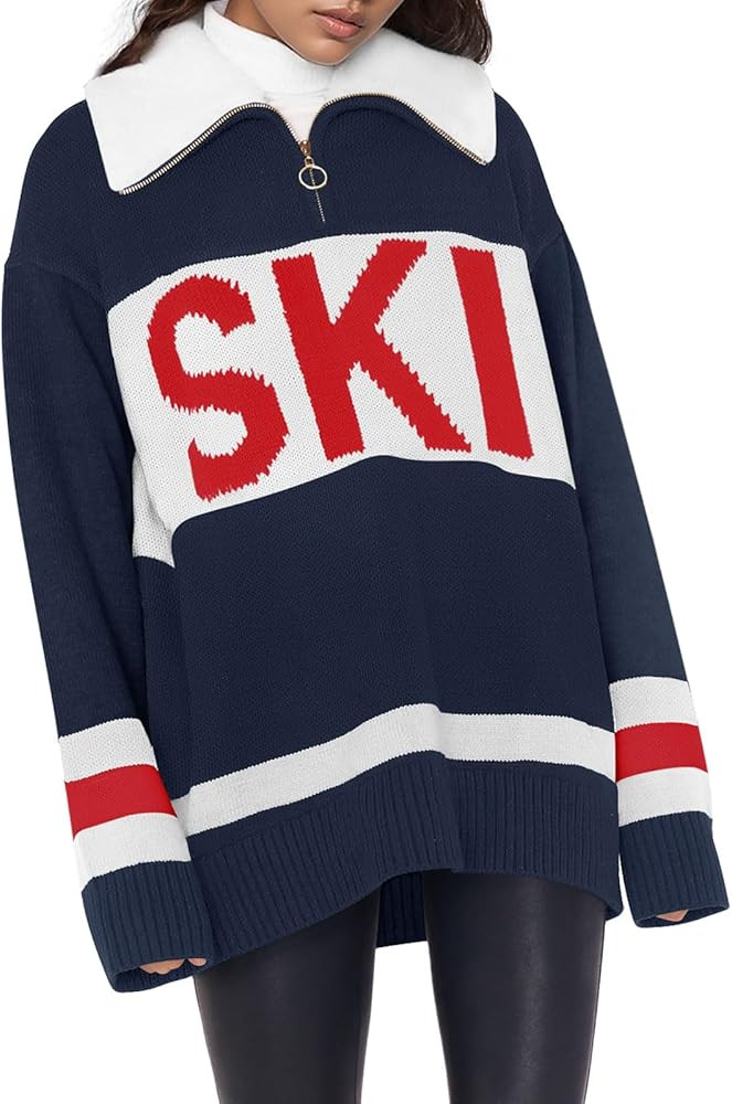 Womens Sweaters Trendy Long Sleeve 1/4 Zip Pullover Polo V Neck Dressy Casual Color Block Ski Kni... | Amazon (US)