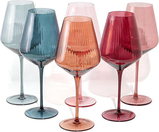 Crutello Modern Colored Wine Glasses 16 oz Glassware - Colorful Glasses Set of 6, Unique Fluted C... | Amazon (US)
