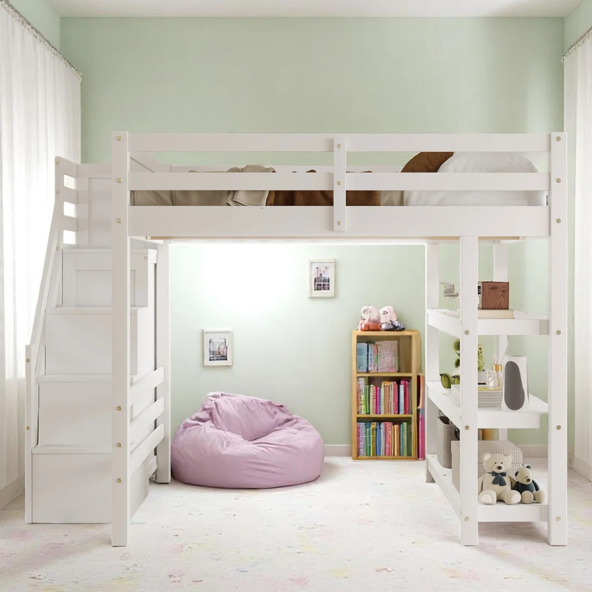 Loft Bed With Built-In Wardrobe, Shelves, Storage Staircase and LED Light, White Kids Bed | Wayfair North America