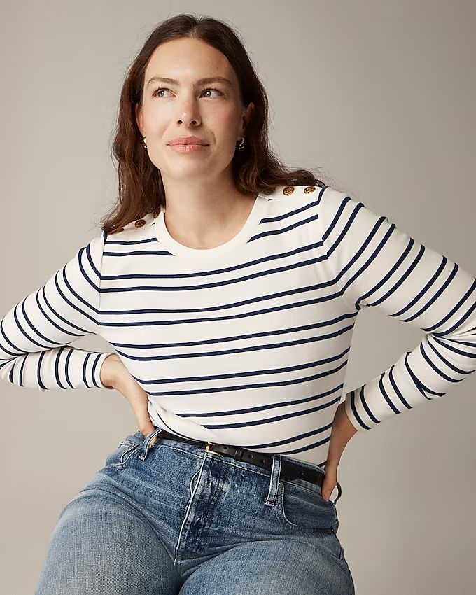 Perfect-fit long-sleeve crewneck T-shirt with lion buttons in stripe | J. Crew US