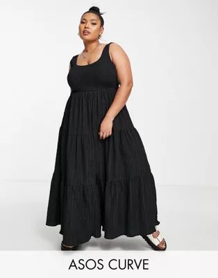 ASOS DESIGN Curve shirred maxi sundress with tiers in stripe texture | ASOS (Global)