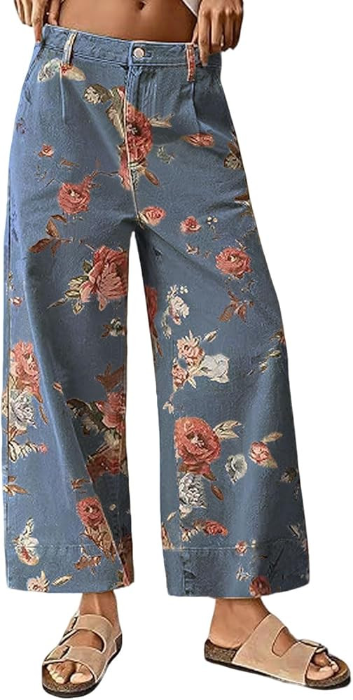 loveimgs Women Mid Rise Cropped Wide Leg Jeans Baggy Floral Ankle Pants Denim Capris Flare Print ... | Amazon (US)