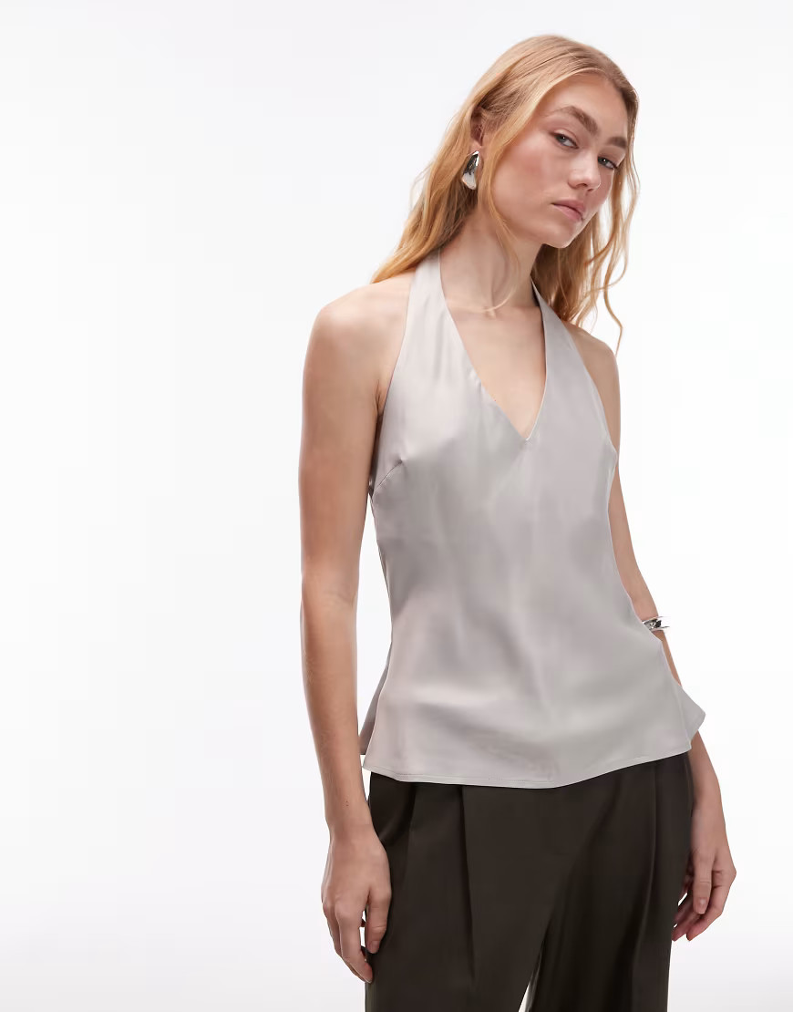 ASOS DESIGN satin scoop halter neck cami top in grey | ASOS (Global)