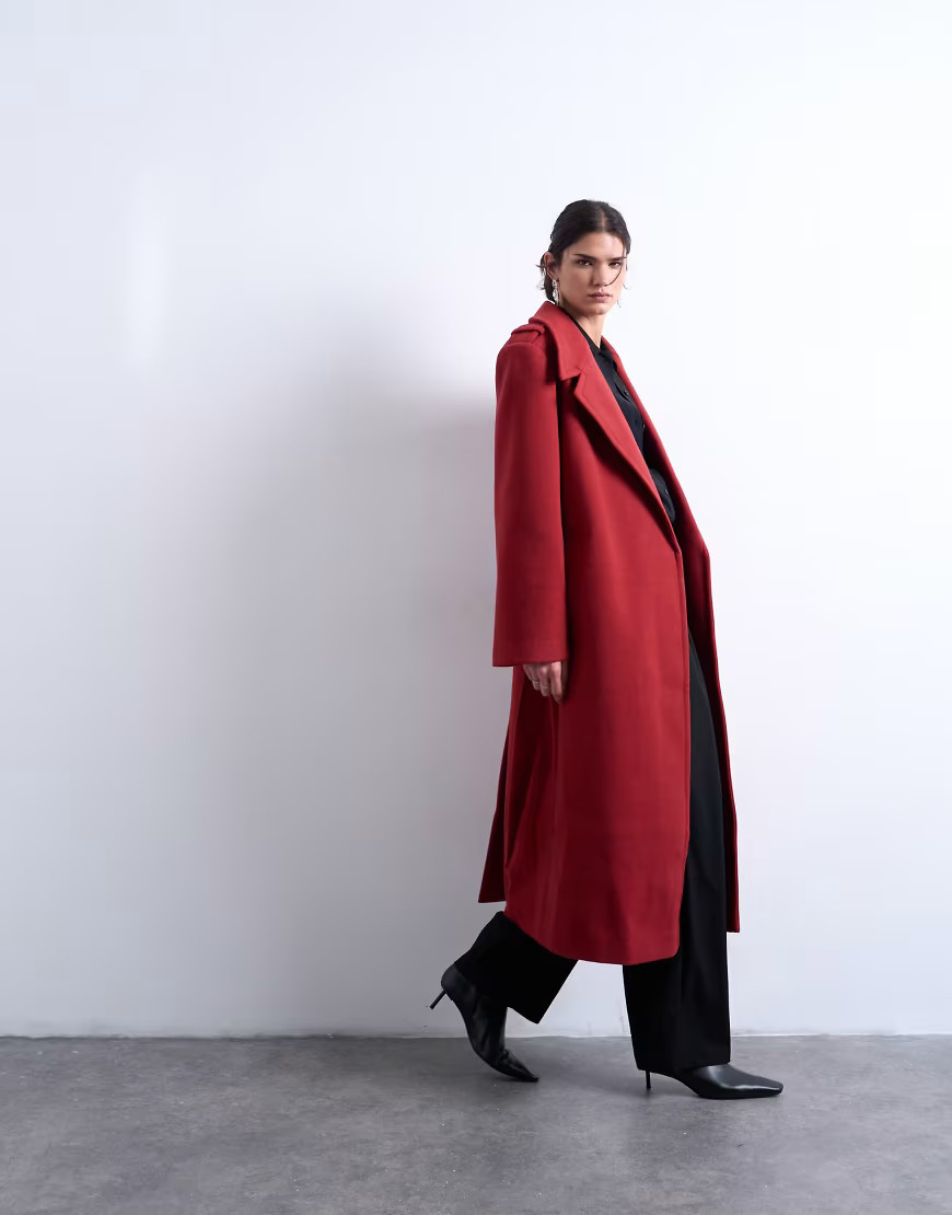Topshop dropped belt longline formal coat in red | ASOS (Global)
