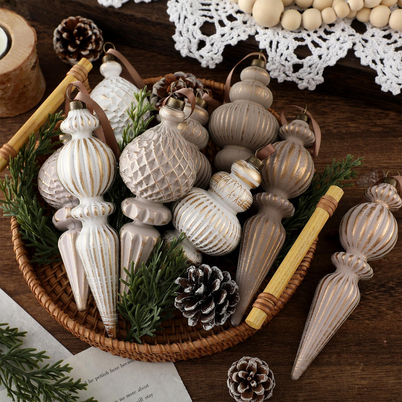 Yunlly 9 Pcs Neutral Christmas Ornaments Textured Christmas Tree Decor with Hanging Loop Modern B... | Amazon (US)