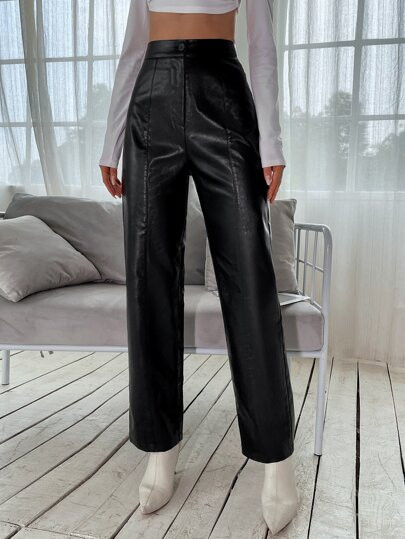 High Waist PU Leather Straight Leg Pants | SHEIN