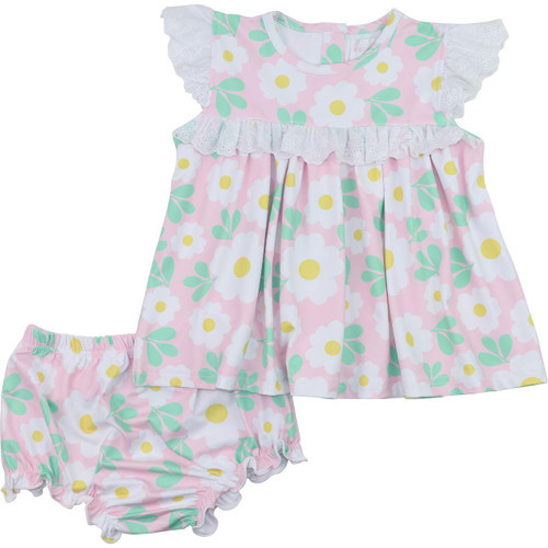 Pink And Green Daisy Print Eyelet Knit Diaper Set | Cecil and Lou