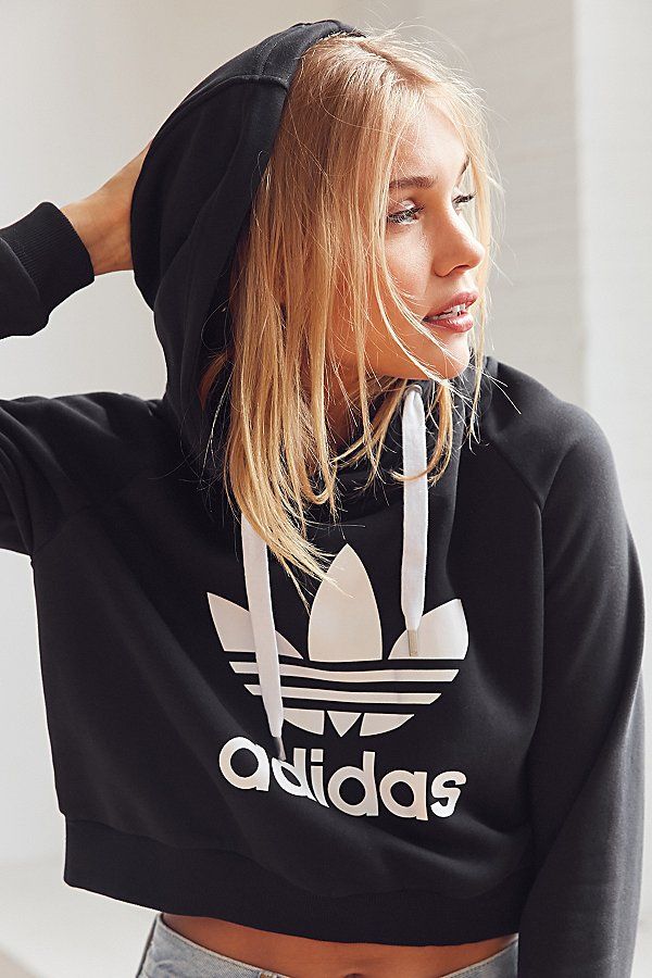 adidas Originals Trefoil Cropped Hoodie Sweatshirt - Black XS at Urban Outfitters | Urban Outfitters US