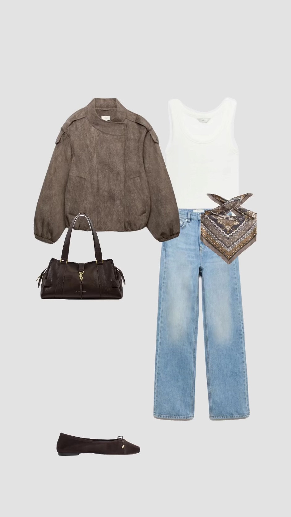 Grey Funnel Bomber Jacket, White Ribbed Vest Top, High Waisted Blue Straight Leg Jeans & Brown Ballet Flats Casual Autumn Outfit 

• satin scarf casual style women’s UK 2026 outfits college outfits university outfit everyday outfits simple outfit minimal style transitional outfits •

#LTKuk #LTKautumn #LTKjeans