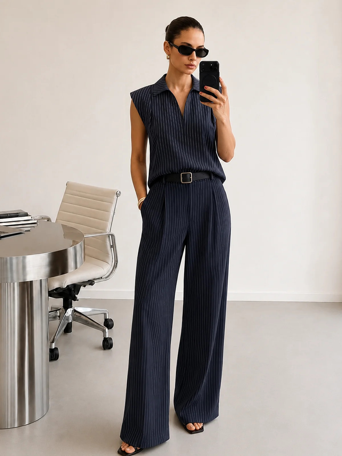 Pinstriped Sleeveless Shirt & Pants Set | Commense