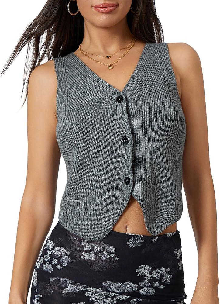 Sunloudy Knit Vest Tops for Women Sleeveless V Neck Button Down Sweater Vest Solid Color Crochet ... | Amazon (US)