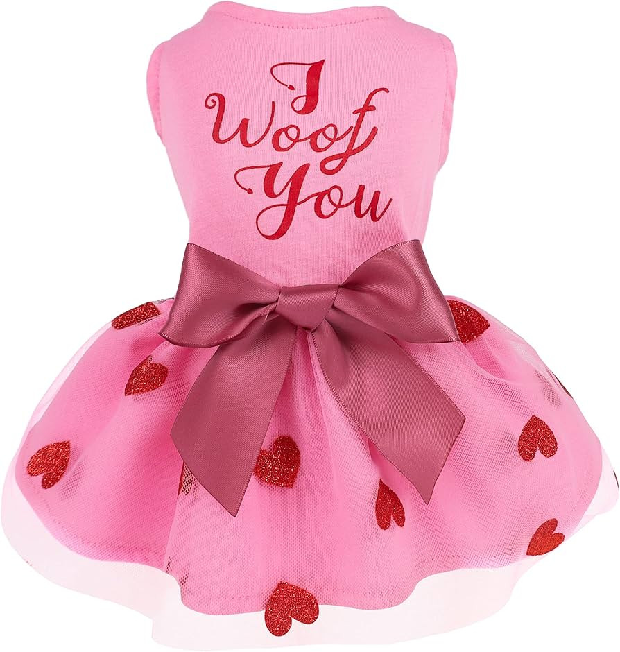 Fitwarm I Woof You Dog Dress 100% Cotton Girl Dog Clothes Pet Apparel Doggie Tutu with Bowknot Ca... | Amazon (US)