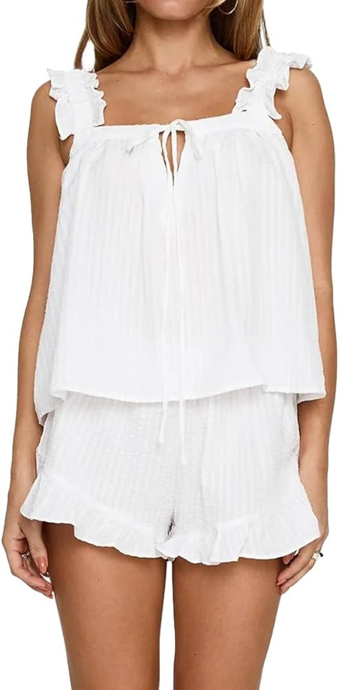 Womens Ruffle Short Set 2 Piece Outfits Fashion Summer Sleeveless Top and Shorts Cozy Pajama Sets | Amazon (US)