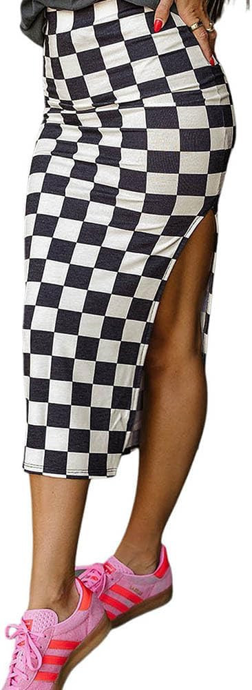 Chvity Plaid Skirts for Women Casual High Waisted Side Slit Classic Checkered Print Stretch Tight... | Amazon (US)