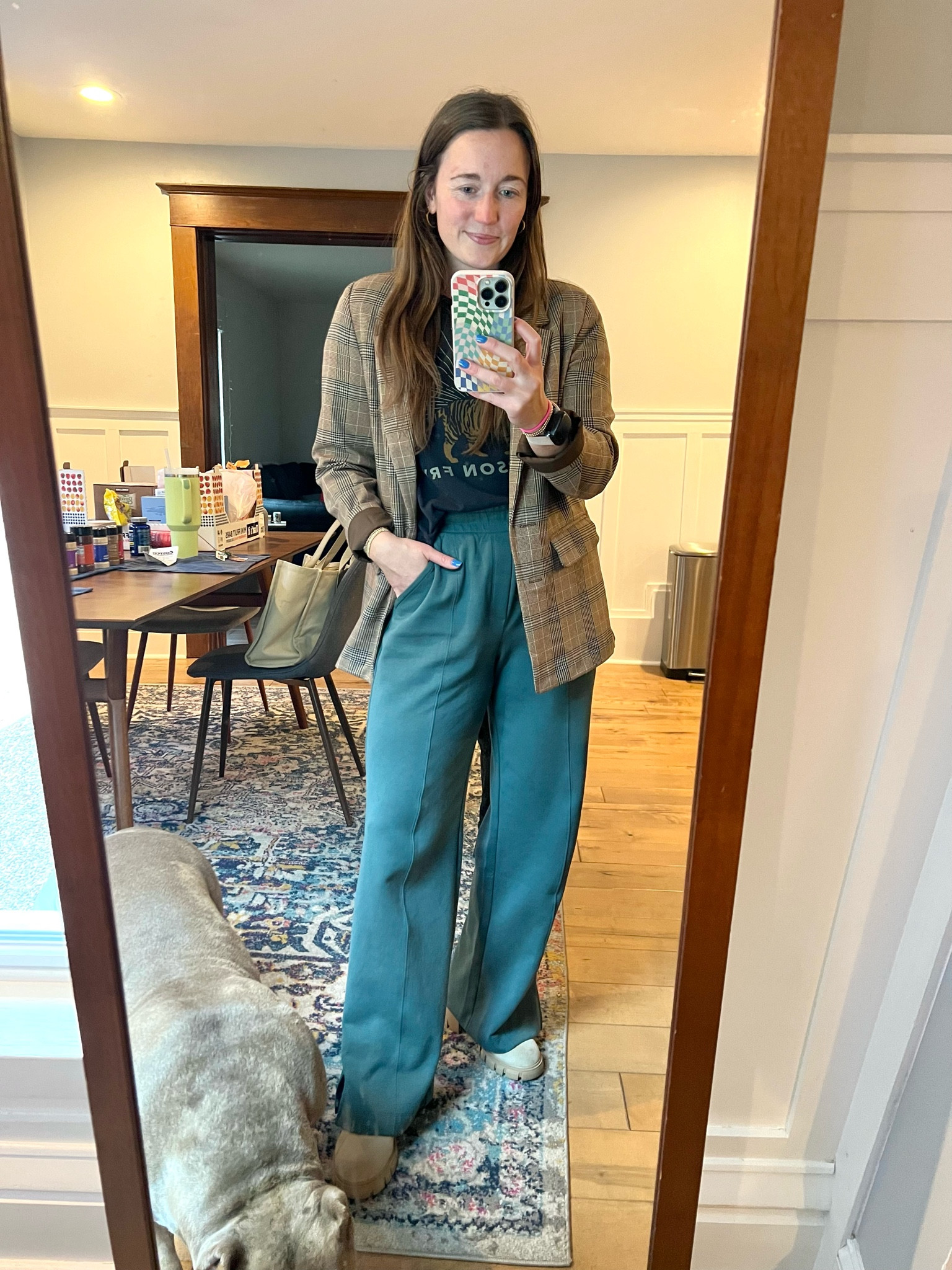 Elevating sweatpants by styling them this gloomy Tuesday. Oversized plaid blazer + graphic tee + chunky boots + wide leg sweats = perfect for WFH and running errands. Linking exact for everything but the tee 