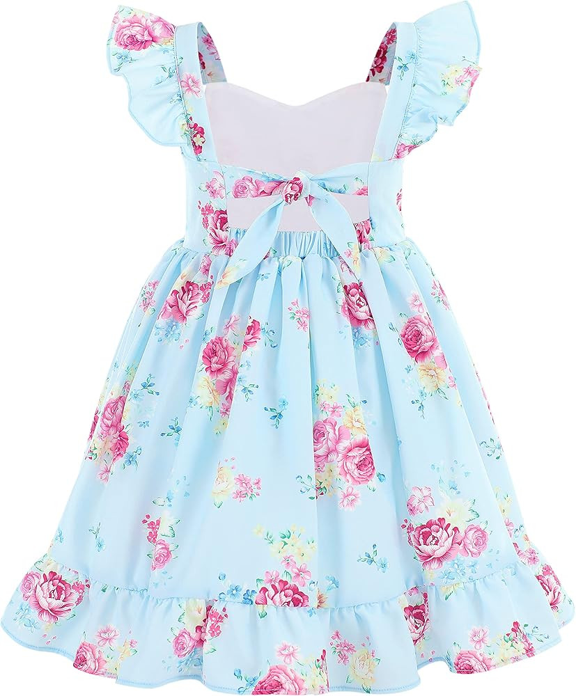 Flofallzique Summer Girls Floral Dress Ruffle Sleeves Tie Back Vintage Toddler Birthday Party Dre... | Amazon (US)