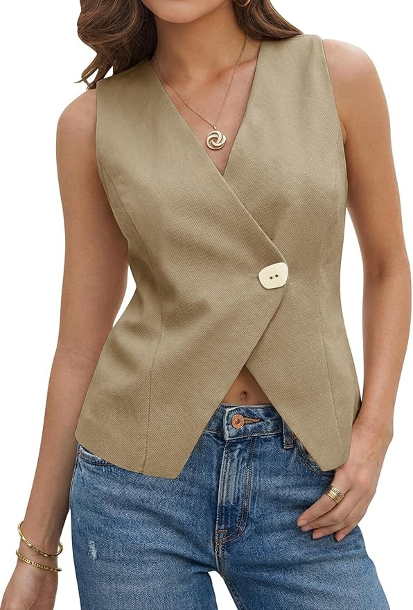 Tankaneo Womens V Neck Blazer Vest Tops Trendy Summer Button Down Sleeveless Suit Vest Casual Wai... | Amazon (US)