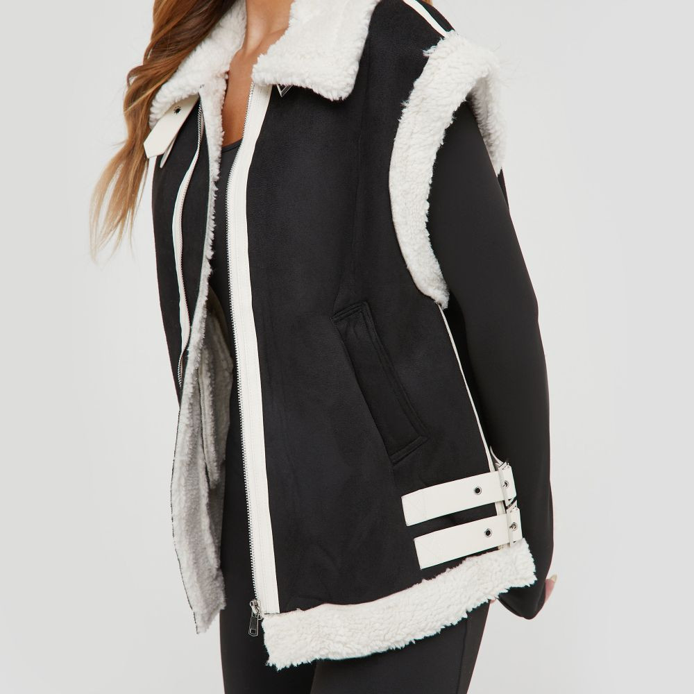 Oversized Aviator Gilet In Black And Ivory Faux Shearling | EGO Shoes (US & Canada)