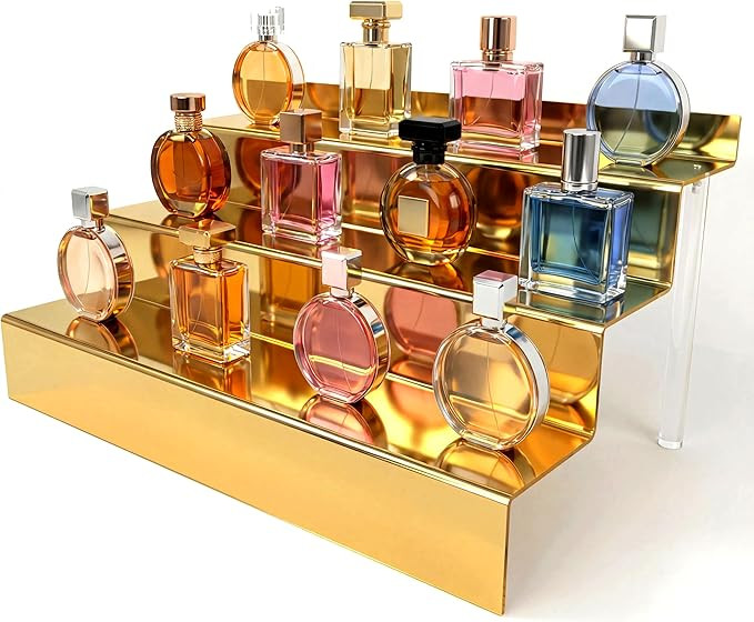 YMVV 12 IN Mirror Gold Acrylic 3 Tier Display Riser Perfume Organizer, Perfume Cologne Organizer ... | Amazon (US)