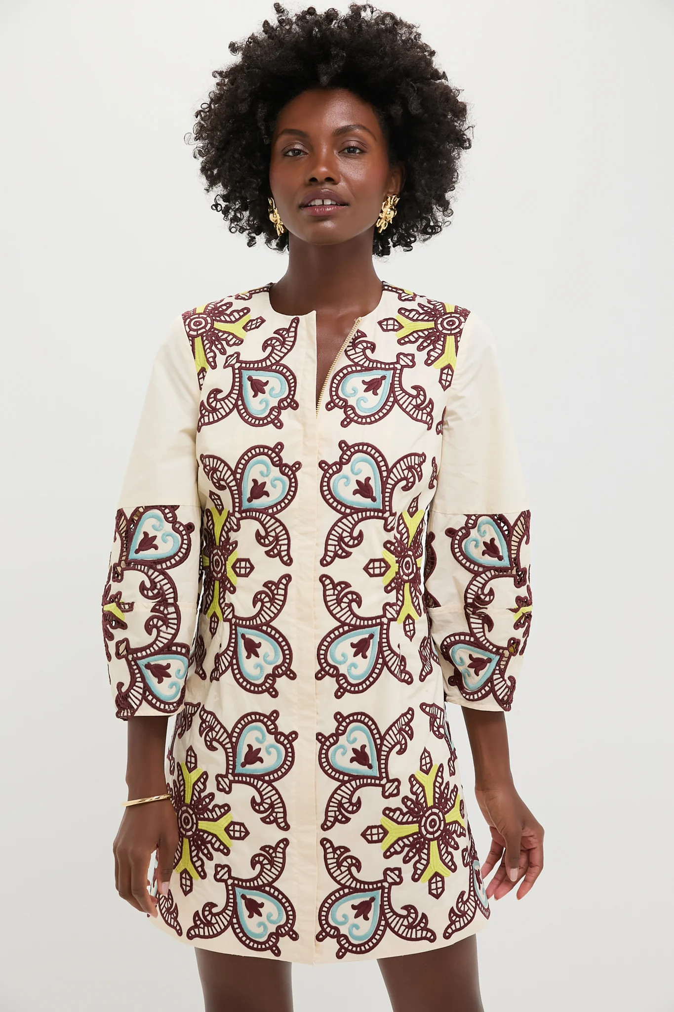 Citron and Slate Blue Embroidered Long Sleeve Rhoda Tunic Dress | Tuckernuck (US)