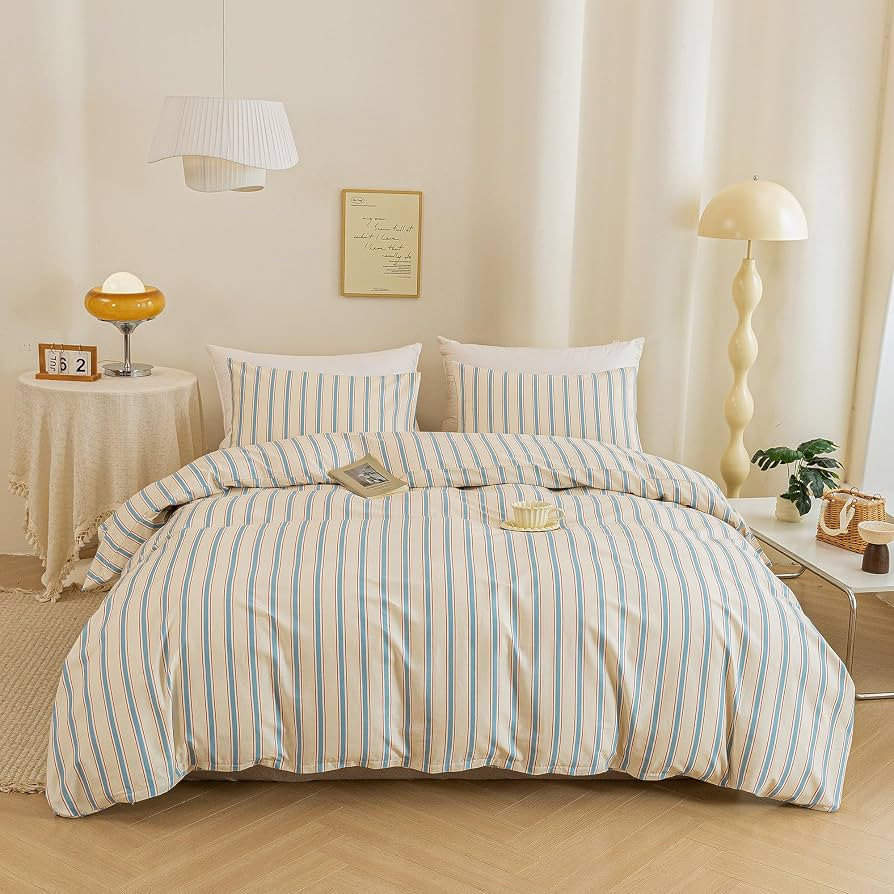 ECOCOTT Striped Duvet Cover Queen Size, 100% Washed Cotton Linen Feel Bedding Set, Blue Brown Pin... | Amazon (US)