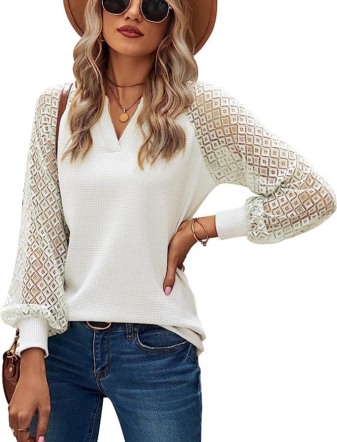 Women's Long Sleeve Tops Lace Sleeve Loose Casual Spring V Neck Waffle Knit Tunic Blouse Henley S... | Amazon (US)