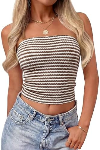 ZESICA Women's Spring Striped Strapless Crop Tube Tops 2026 Summer Knit Bandeau Going Out Shirts ... | Amazon (US)