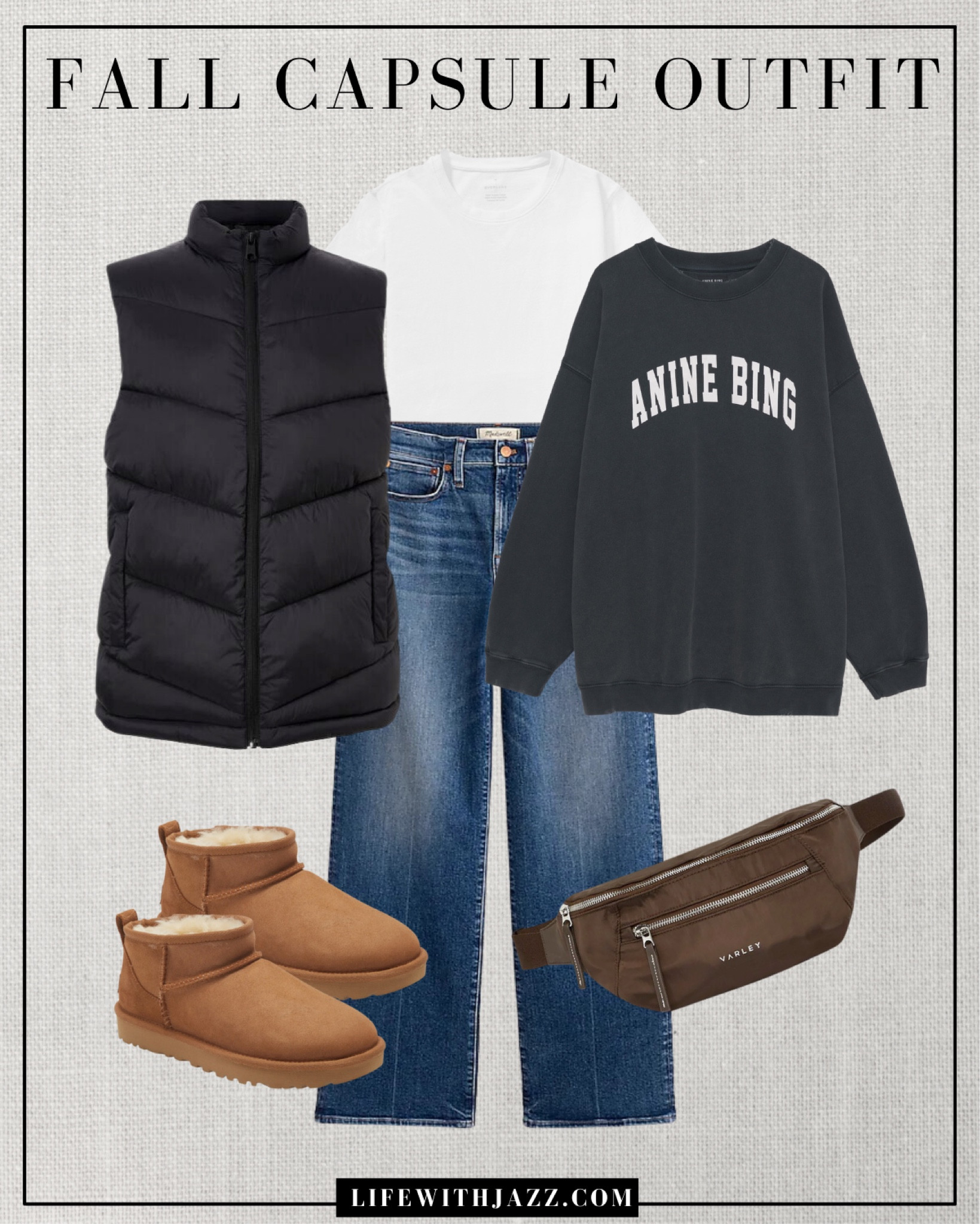 Fall capsule outfit 🤎 

Puffer vest / white tee / oversized sweatshirt / wide leg jeans / Uggs / belt bag / casual / varley / aritzia/  Madewell / Nordstrom / fall style / fall fashion / fc24

#LTKStyleTip #LTKSeasonal